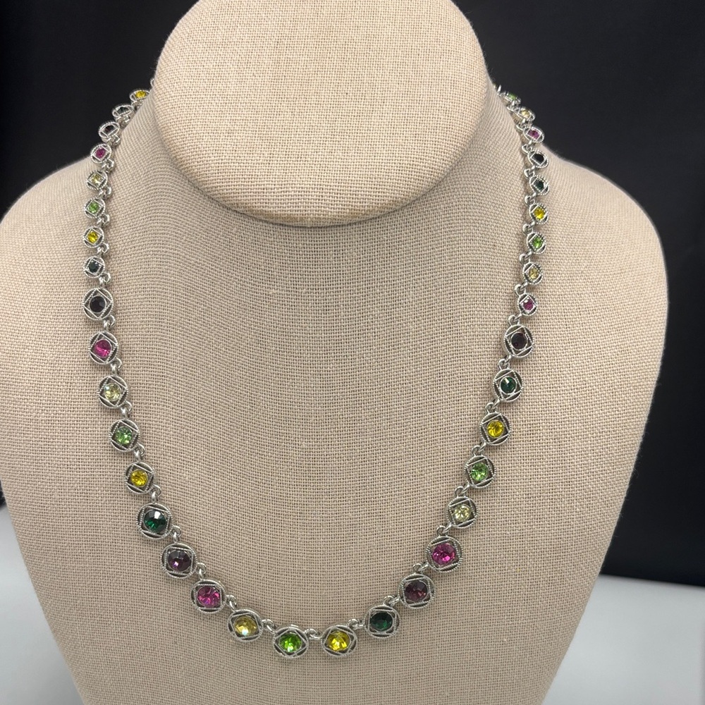 Multi-Color Crystal Station Necklace - Silver Tone